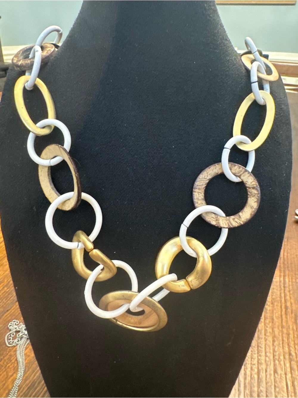 Chunky Statement Necklace Oversized Mixed Rings Gold White Brown Boho Modernist